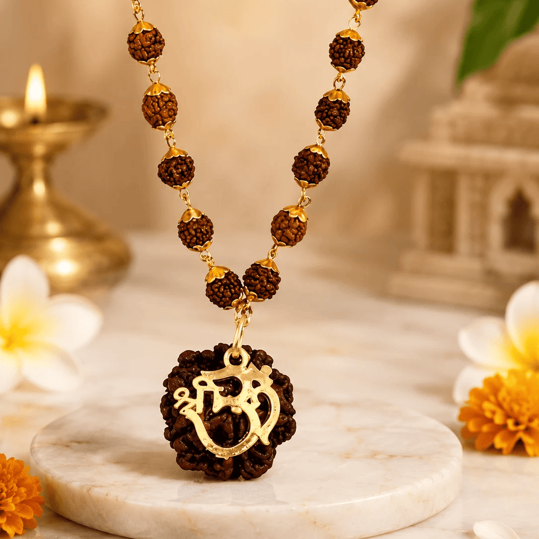 Rudraksha Mala with Gold OM Shree Pendant Shiv Shakti Necklace