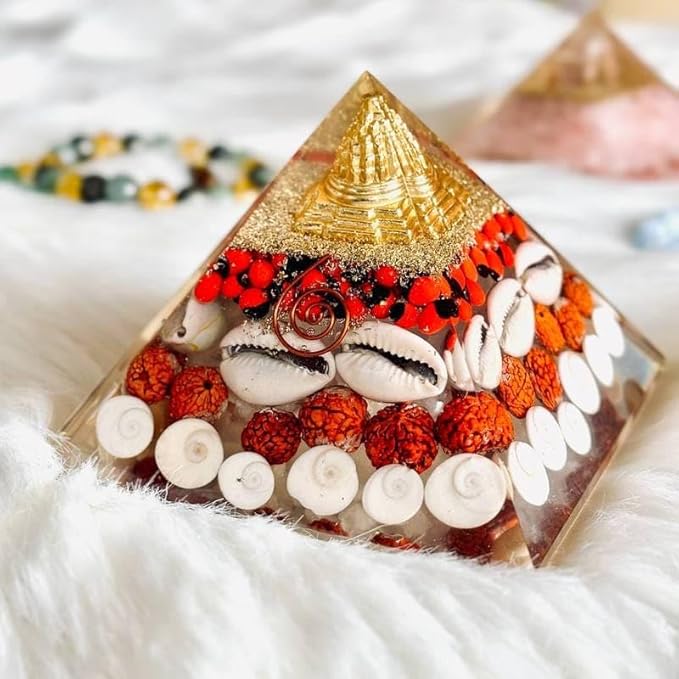 Shri Yantra Gomti Chakra Orgone Pyramid with Cowrie Shell and Rudraksha