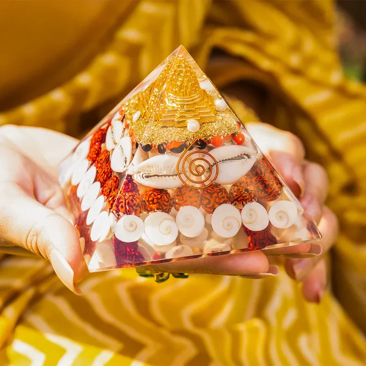 Energized Shree Yantra Orgone Pyramid with Rudraksha and Crystal