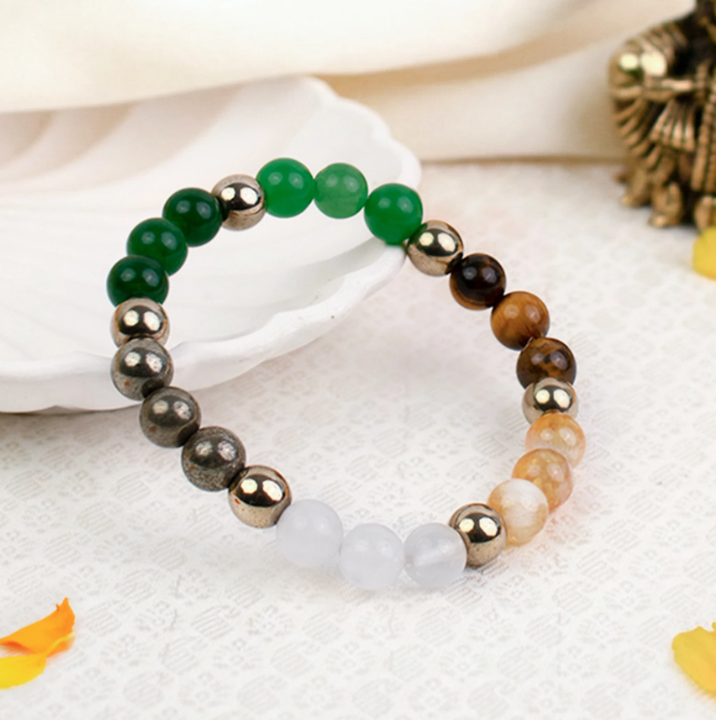 Dhan Yog Multi Crystal Bracelet Green Onyx Tiger Eye Pyrite Rose Quartz