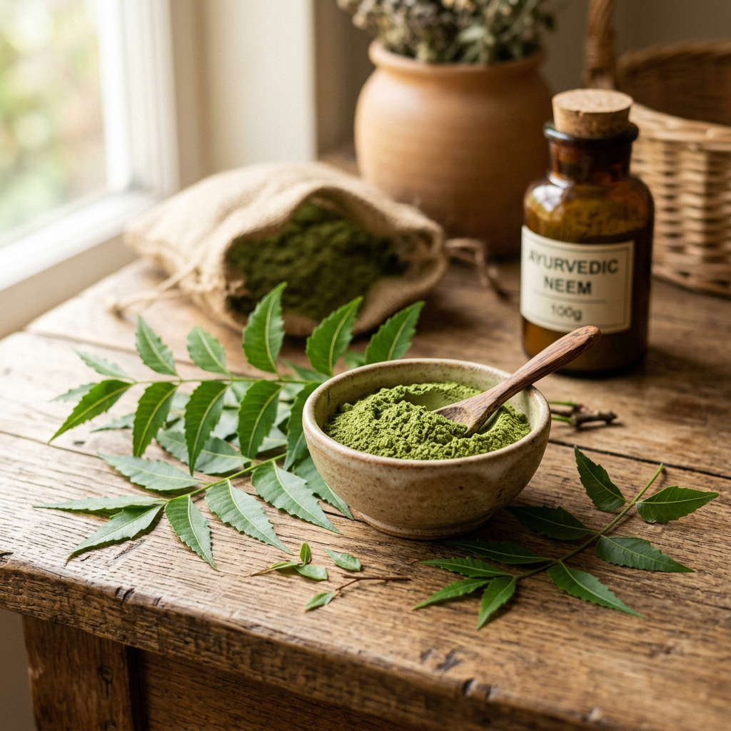 Pure Neem Leaf Powder in ceramic bowl with fresh neem leaves and branches