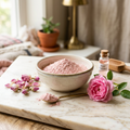 Pure Rose Gulab Powder in ceramic bowl with dried pink rose petals and fresh pink rose