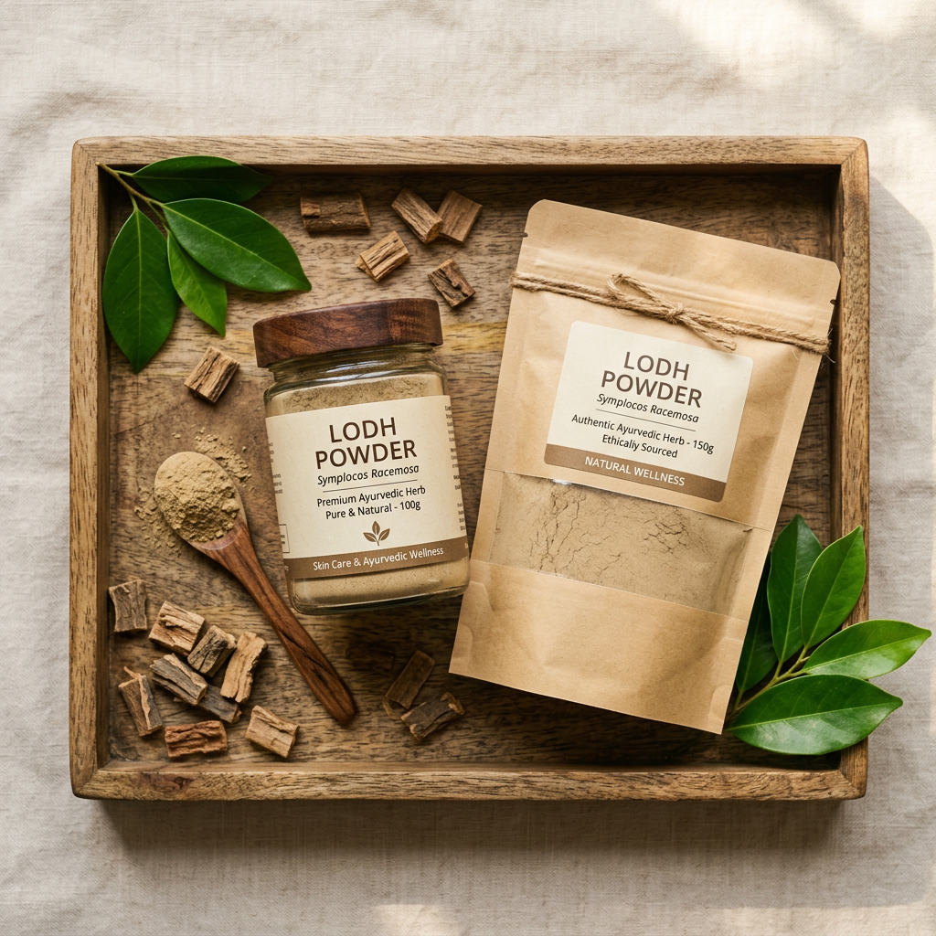 Lodh Powder Flat Lay with Glass Jar