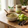 Premium Amla Indian Gooseberry powder in ceramic bowl with fresh green amla fruits on wooden surface