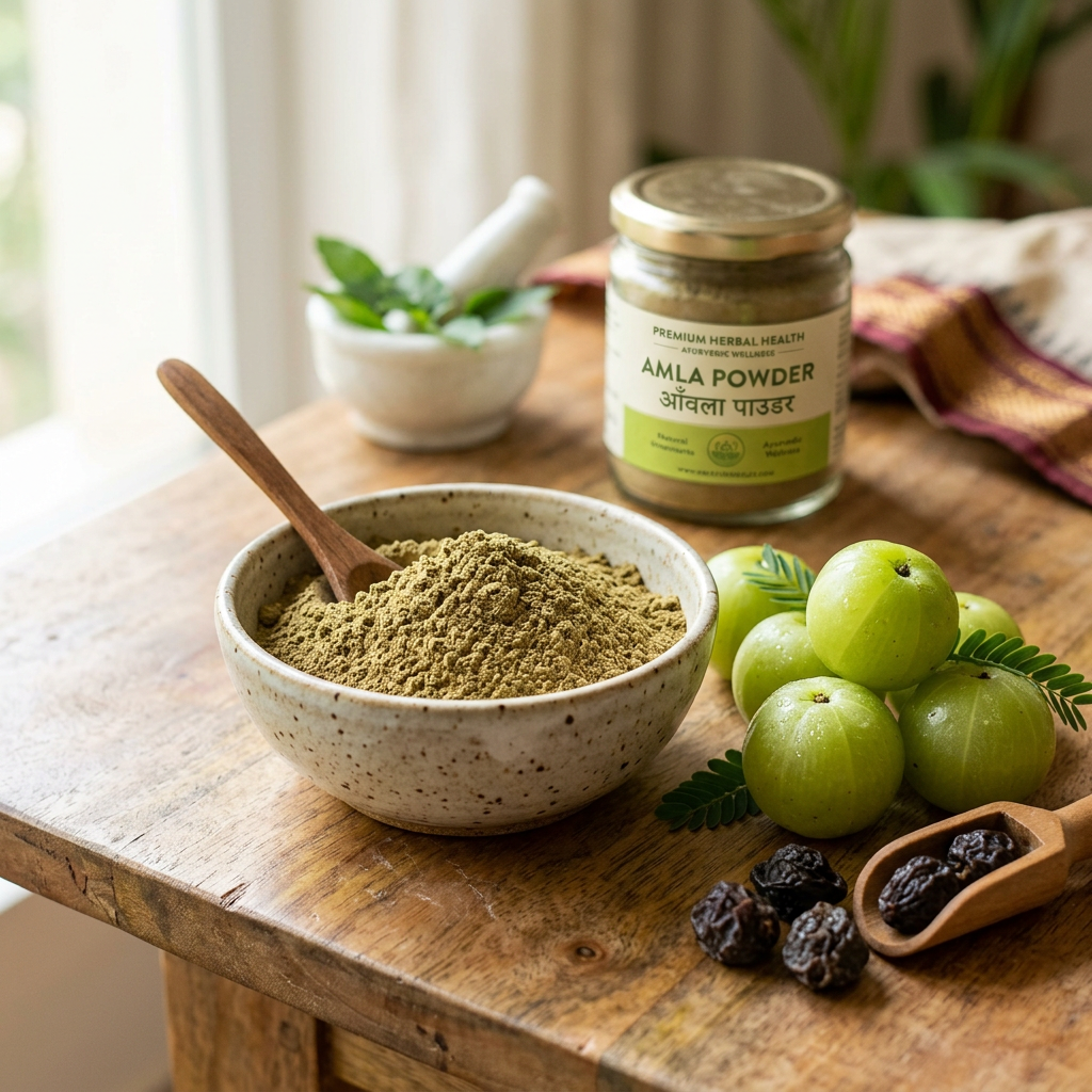 Premium Amla Indian Gooseberry powder in ceramic bowl with fresh green amla fruits on wooden surface