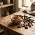 Pure red Shikakai powder in ceramic bowl with dried Shikakai pods on wooden surface