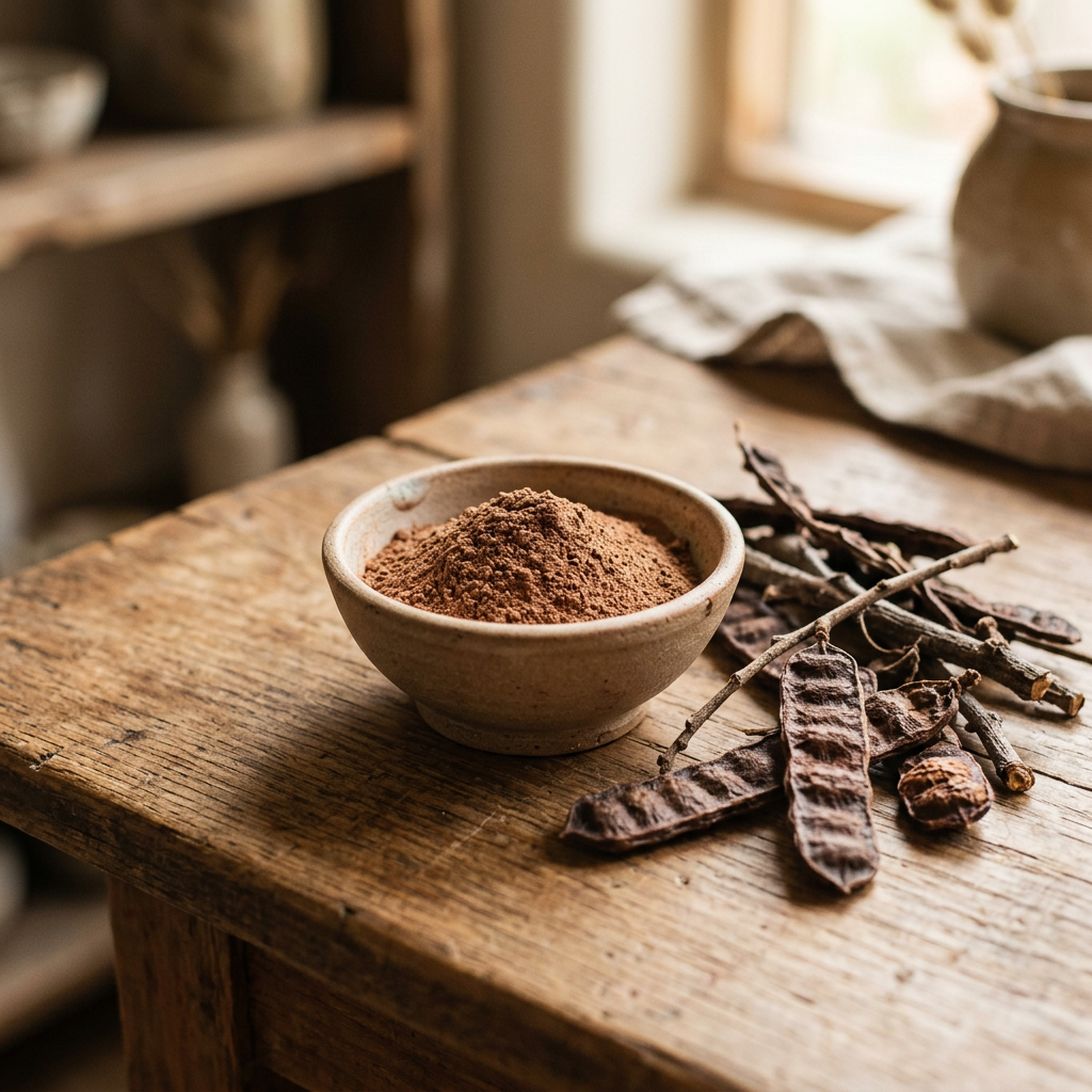 Pure red Shikakai powder in ceramic bowl with dried Shikakai pods on wooden surface
