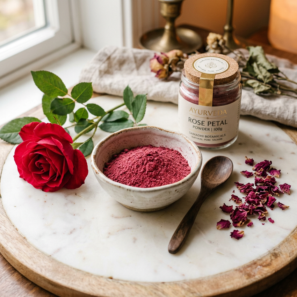 Pure Red Rose Petal Powder in ceramic bowl with dried rose petals and fresh red rose