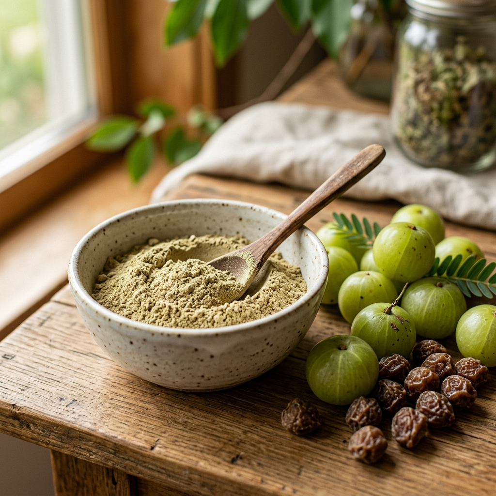 Pure Amla Indian Gooseberry powder in ceramic bowl with fresh and dried amla fruits on wooden surface