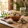 Pure Multani Mitti Fuller's Earth clay lumps in ceramic bowl on earthy wooden surface