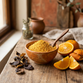 Pure Santra Orange Peel Powder in ceramic bowl with dried orange peel and fresh orange slices