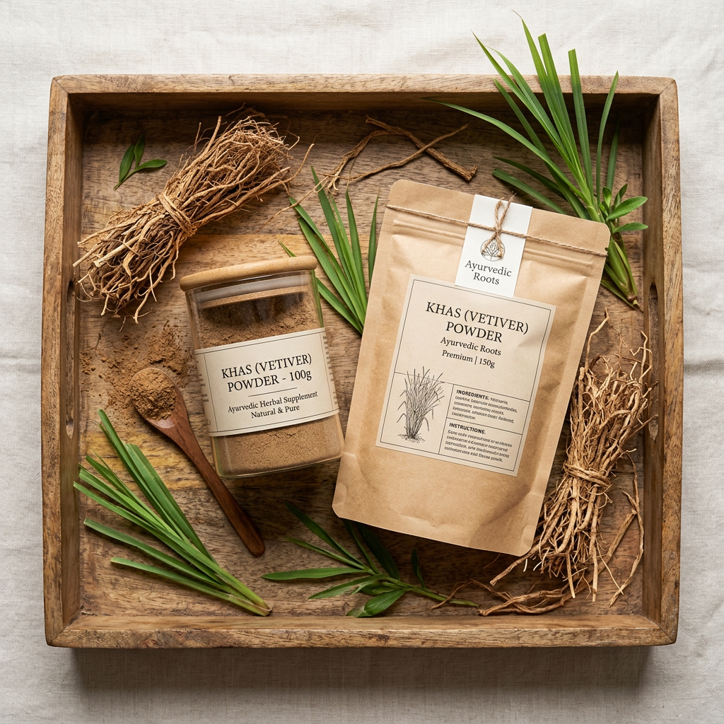 Khas Powder Flat Lay with Glass Jar