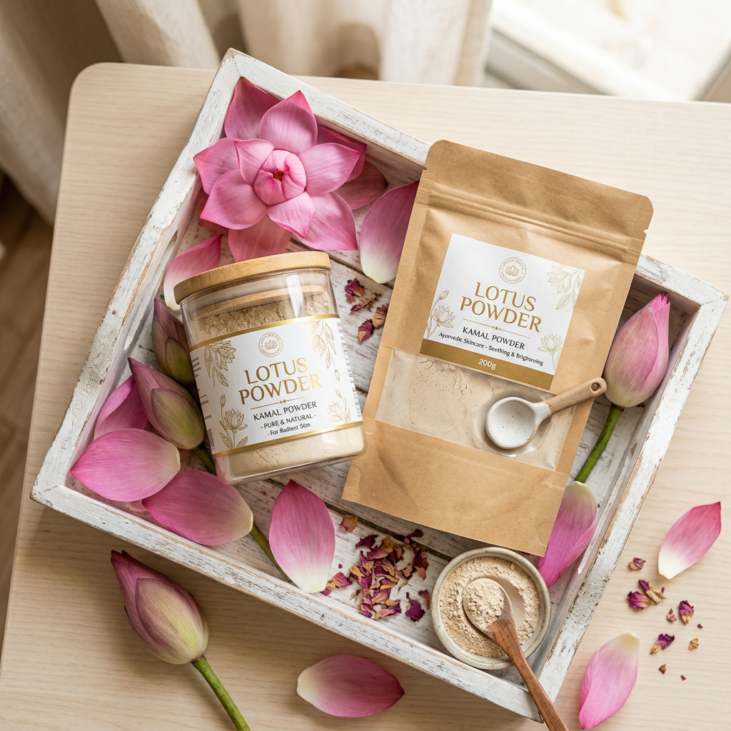 Lotus Powder Flat Lay with Glass Jar