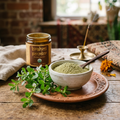 Pure Brahmi Powder in ceramic bowl with fresh brahmi leaves and stems