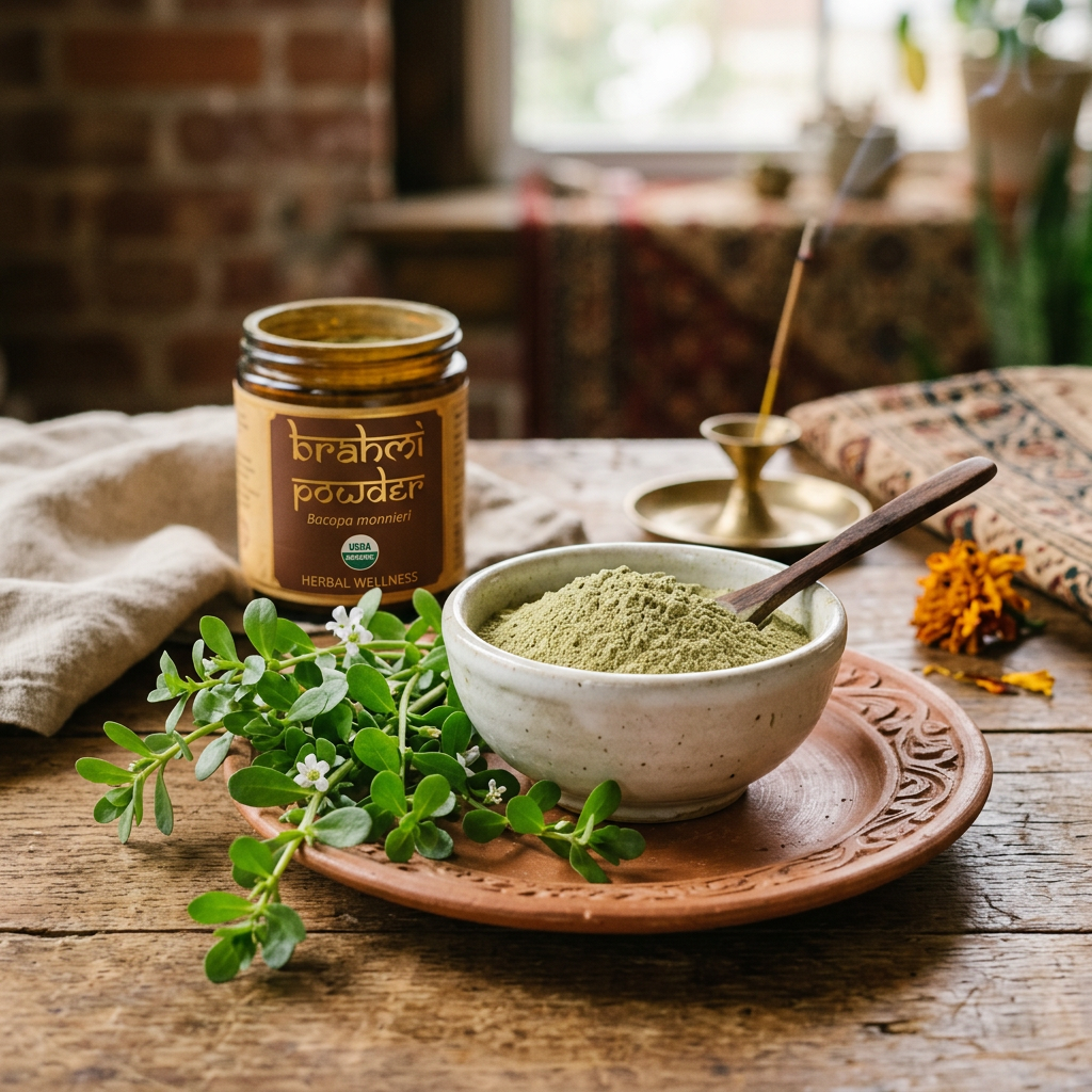 Pure Brahmi Powder in ceramic bowl with fresh brahmi leaves and stems