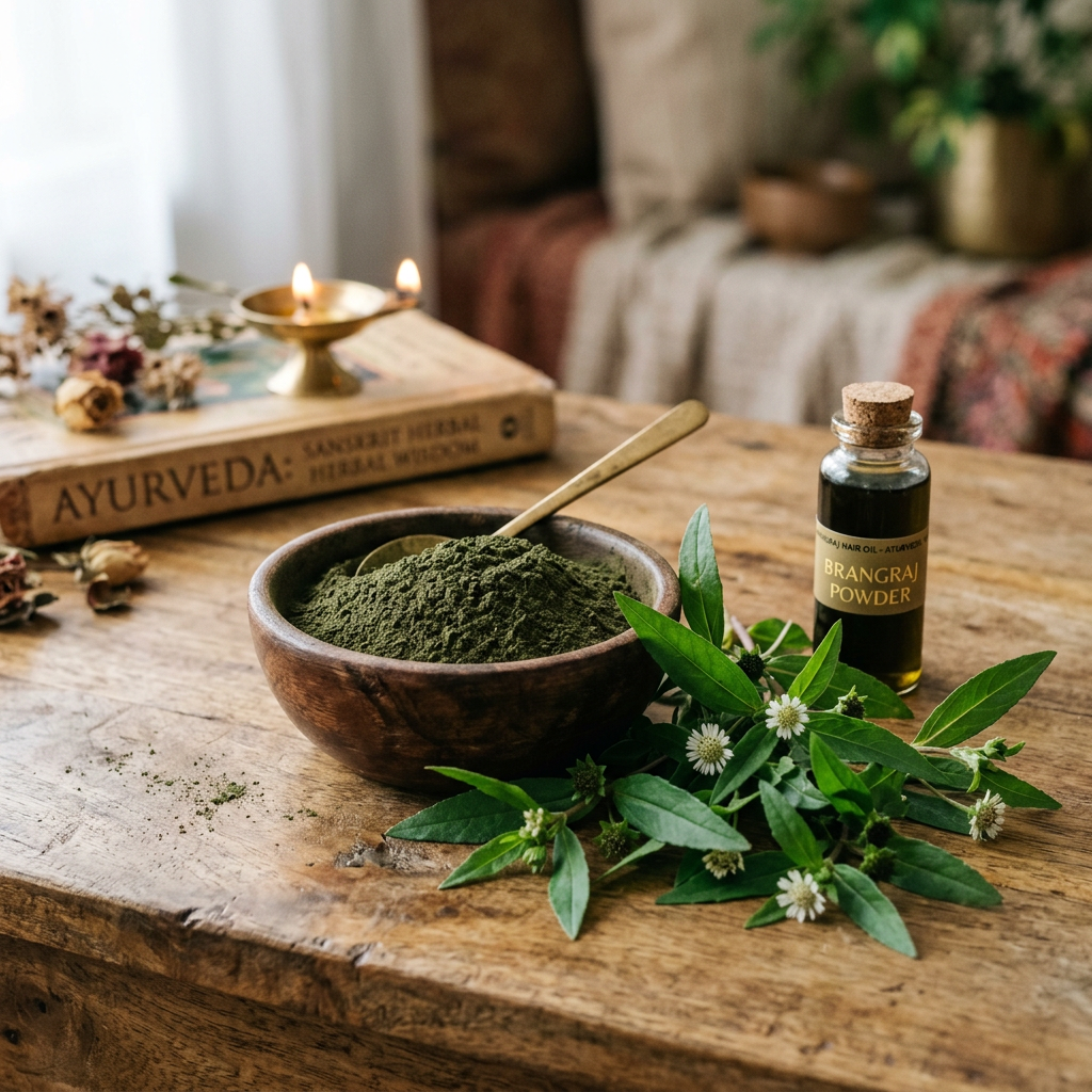 Pure Bhringraj Brangraj Powder in wooden bowl with fresh bhringraj leaves and flowers