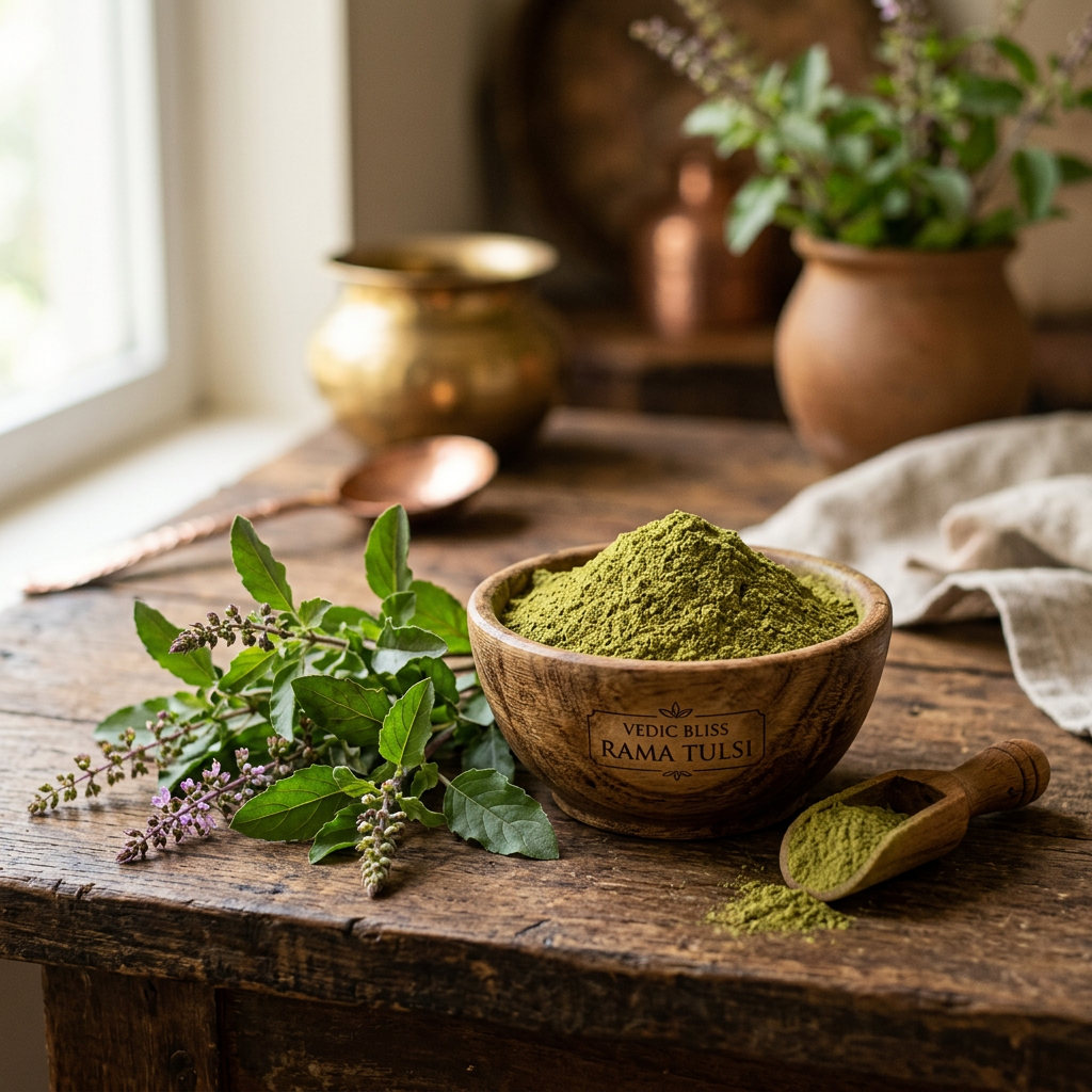 Pure Rama Tulsi Powder in wooden bowl with fresh tulsi leaves