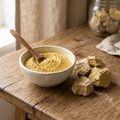Pure yellow Multani Mitti Fuller's Earth powder in ceramic bowl with natural Multani lumps on wooden surface