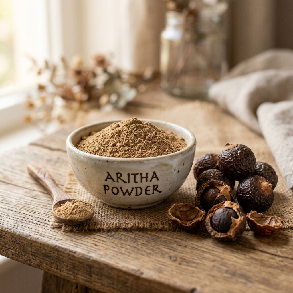 Pure Aritha Reetha soapnut powder in ceramic bowl with whole dried soapnut fruits on wooden surface