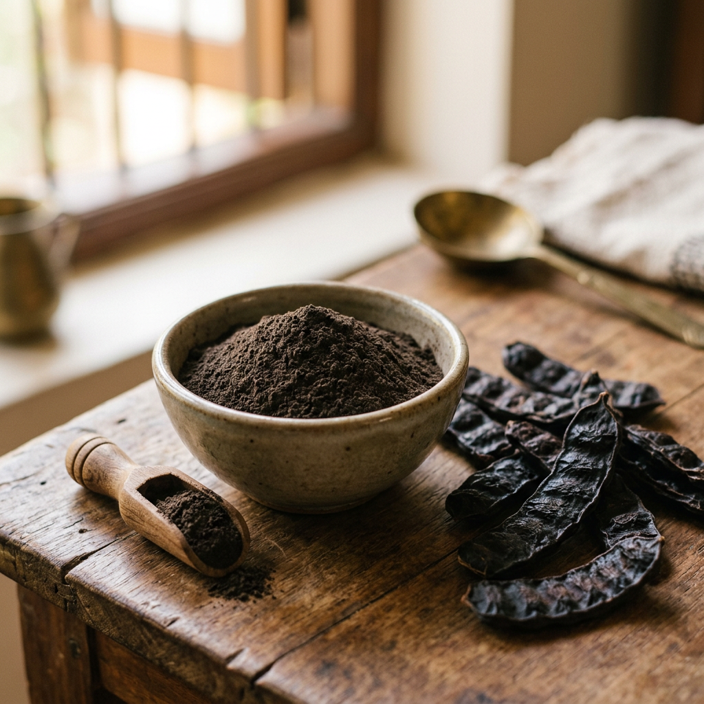 Pure black Shikakai powder in ceramic bowl with dried dark Shikakai pods on wooden surface