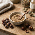 Pure Aritha Reetha soapnut powder in ceramic bowl with whole dried soapnut fruits on wooden surface